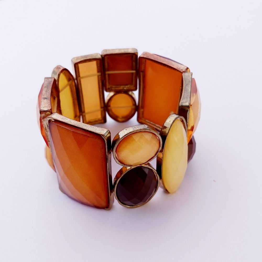 Vtg FALL AUTUMN COLORS CUFF BRACELET stretch faceted plastic goldtone vintage